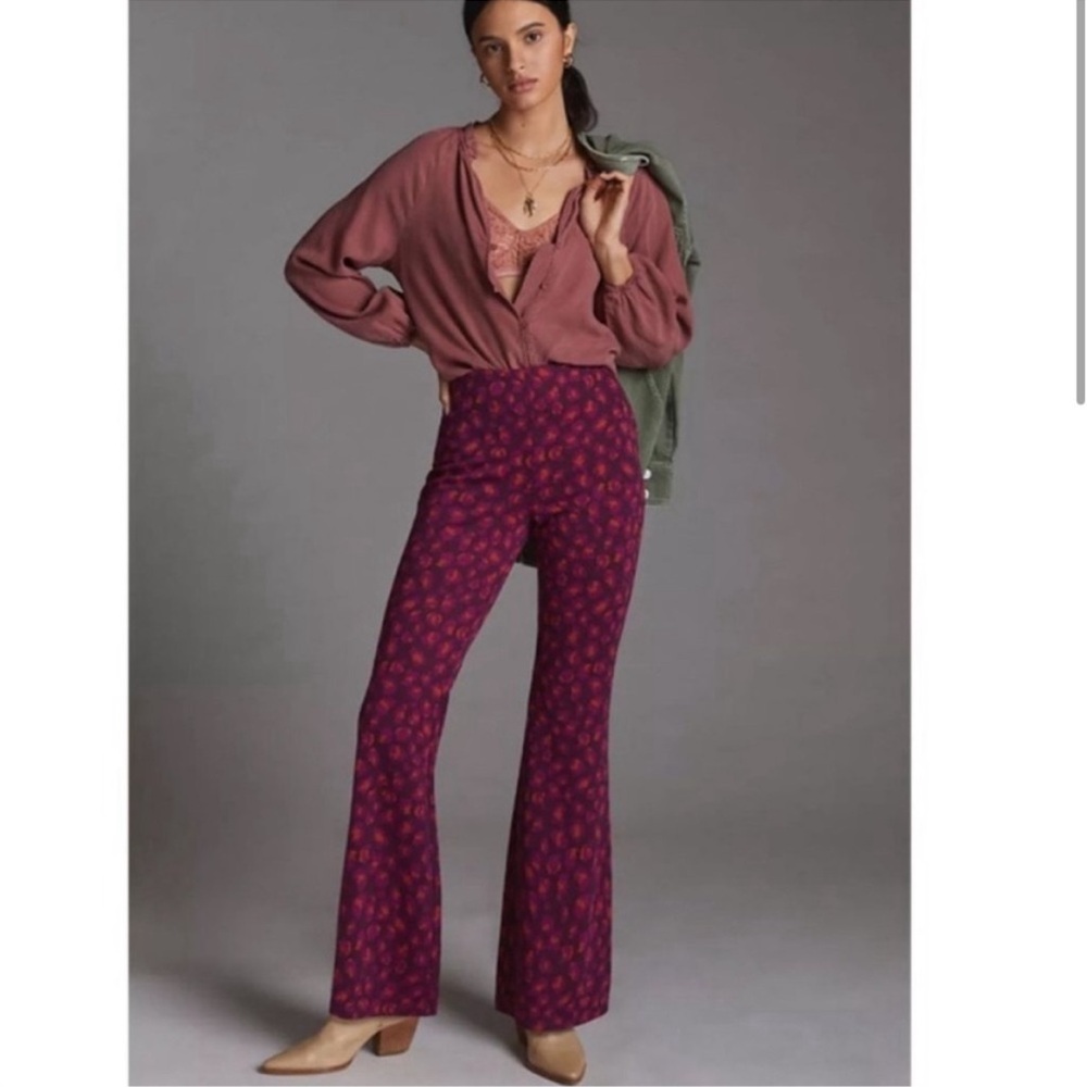 💥Anthropologie Knit Flared Pants Animal Print Plum Size XS